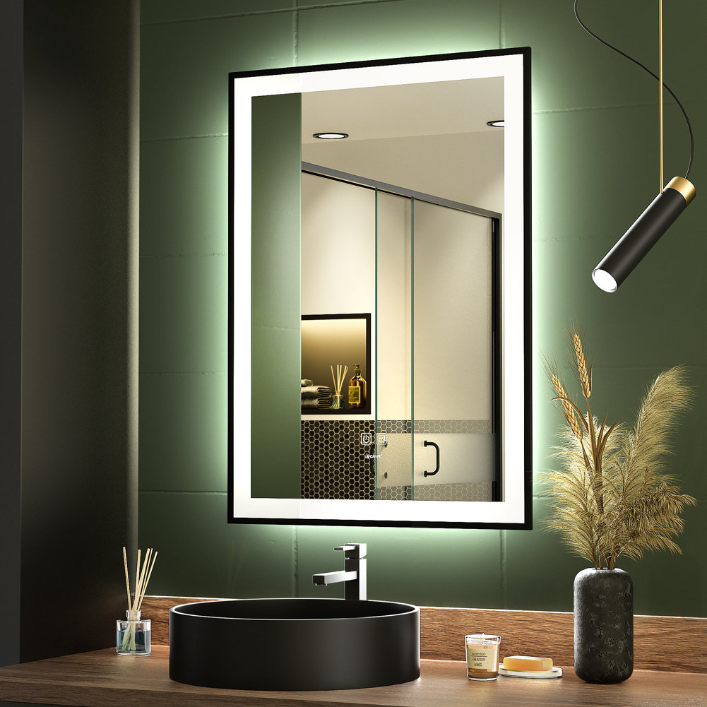 LED Black Framed Bathroom Vanity Mirror Illuminated Dimmable Anti Fog Makeup Mirror 3 Color Light Orren Ellis Size 28 x 20